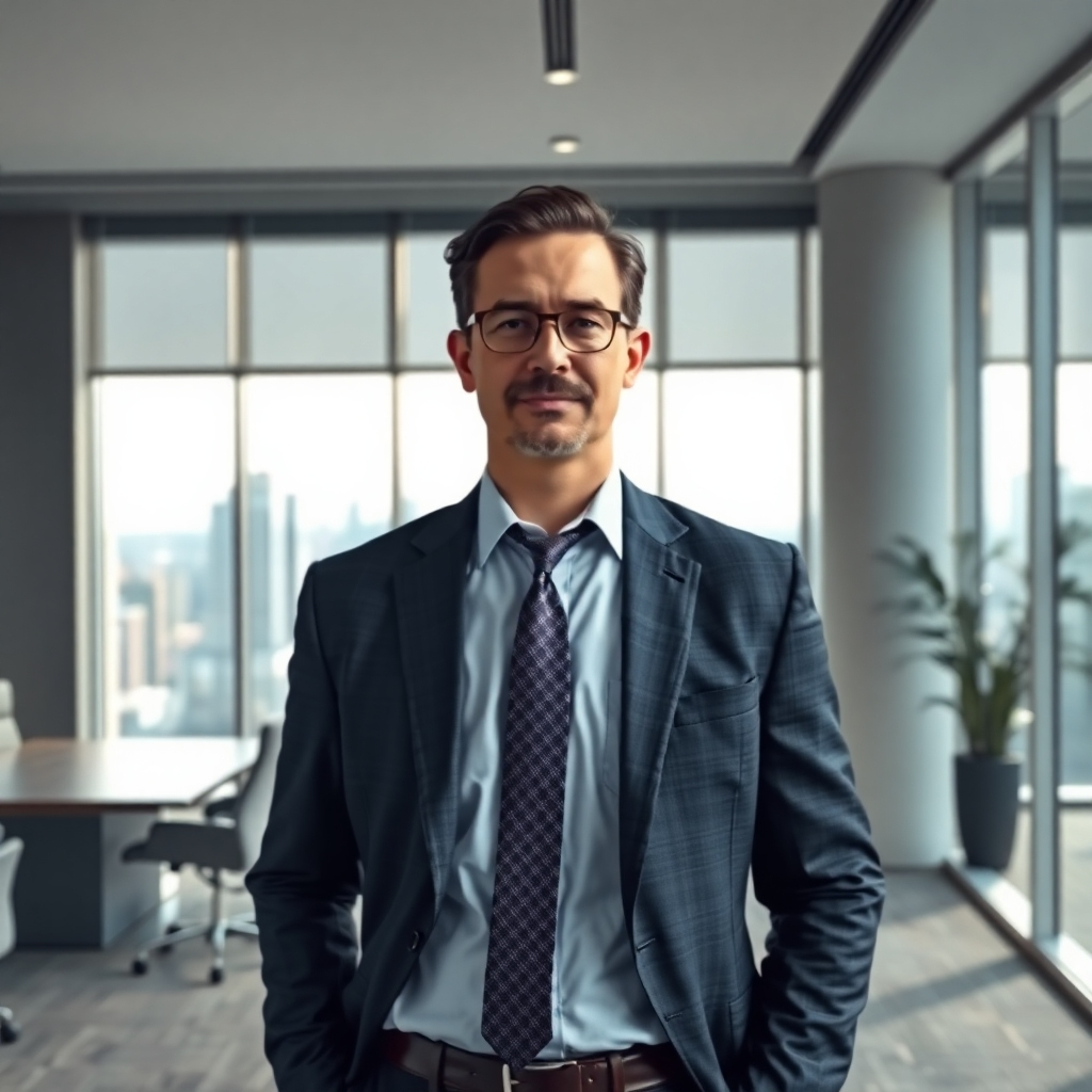A photorealistic image of a confident executive standing in a modern office, overlooking a cityscape. The lighting is professional and authoritative. Color palette: grays and blues. Camera angle: medium shot, conveying leadership.