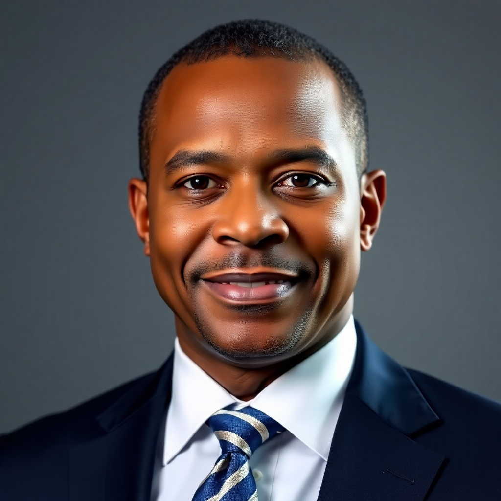 A photorealistic image of a distinguished executive portrait, emanating confidence and leadership. The lighting is professional, emphasizing facial features and conveying trustworthiness. Color palette: shades of gray and blue.