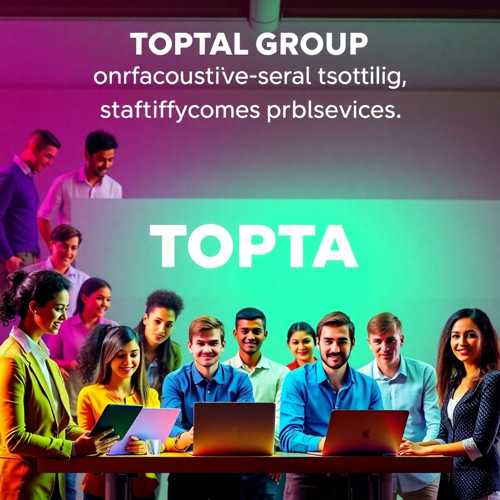 A stylized image showing a diverse group of people working in various roles, representing TOPTAL GROUP's comprehensive staffing services. The lighting is vibrant and energetic. Color palette: primary colors. Camera angle: wide shot, showcasing the variety.