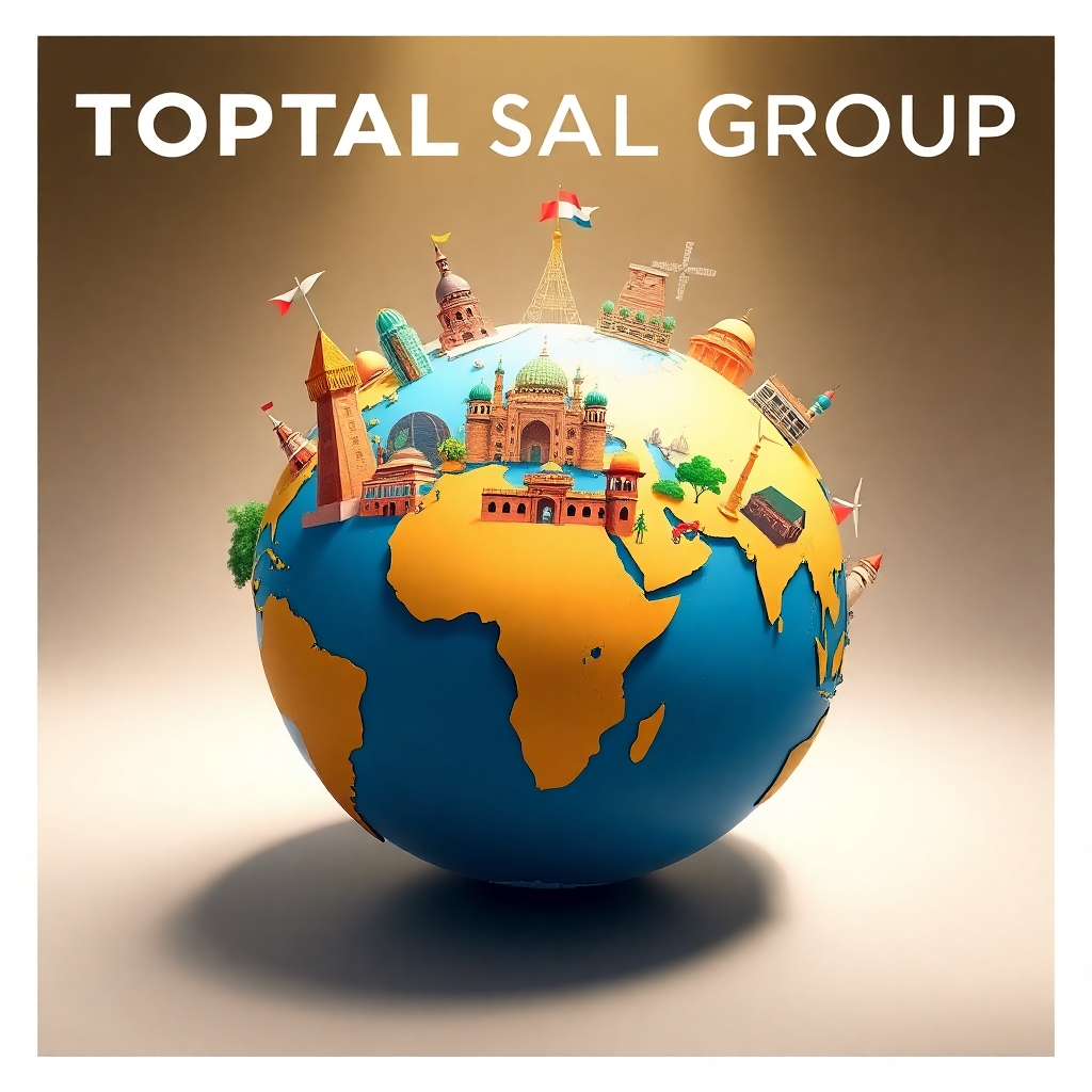 A stylized image showing a globe with various landmarks and cultural symbols, representing TOPTAL GROUP's global presence. The lighting is soft and inviting. Color palette: earth tones. Camera angle: wide shot, showcasing the diversity.